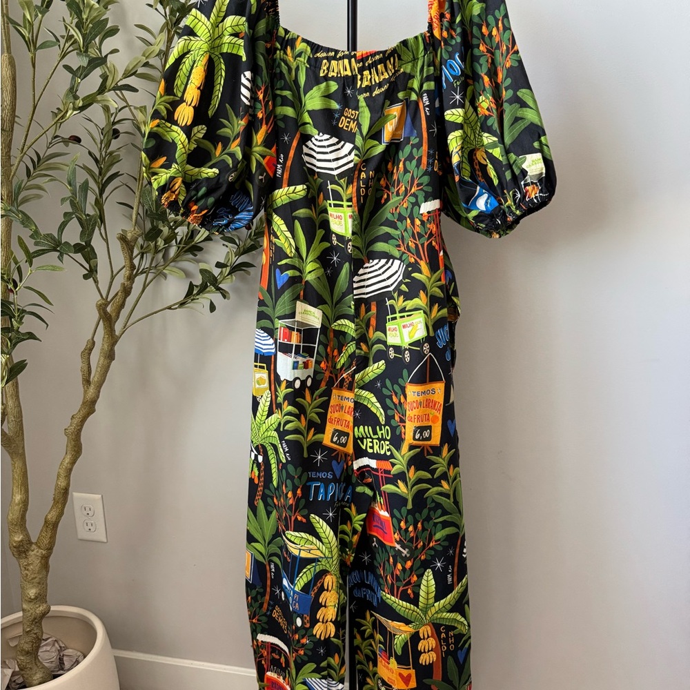 Farm Rio Tropical Fruit Print Puff Sleeve Jumpsuit Tie Waist - Picture 6 of 10